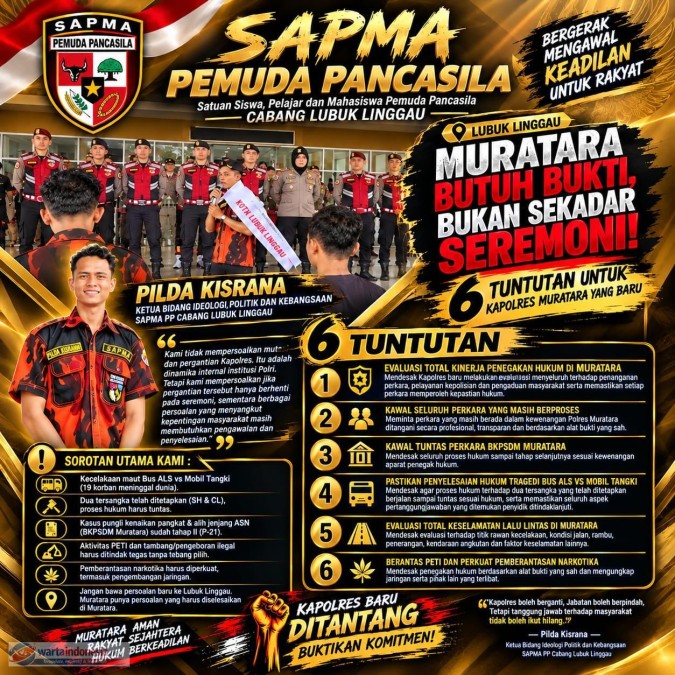 19 Nyawa, Perkara Pungli, PETI hingga Narkoba: SAPMA PP Tagih Tanggung Jawab Jelang Pergantian Kapolres Muratara
